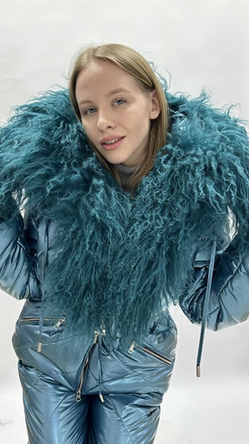 Бирюзовый зимний костюм до -35 градусов с мехом ламы: куртка-парка с мехом и штаны - Рюкзак