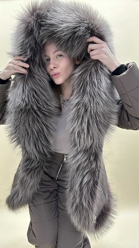Кофейный зимний костюм до -35 градусов: куртка с натуральным мехом аукционного финского енота+зимние брюки