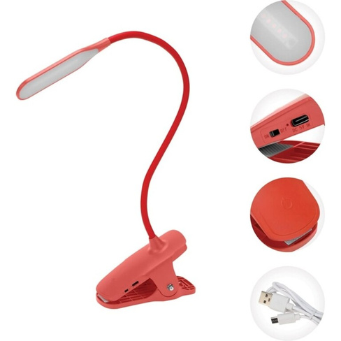 Настольный заряжаемый led светильник REXANT click 4вт 4000к диммируемый 3 ступени на прищепке, красный