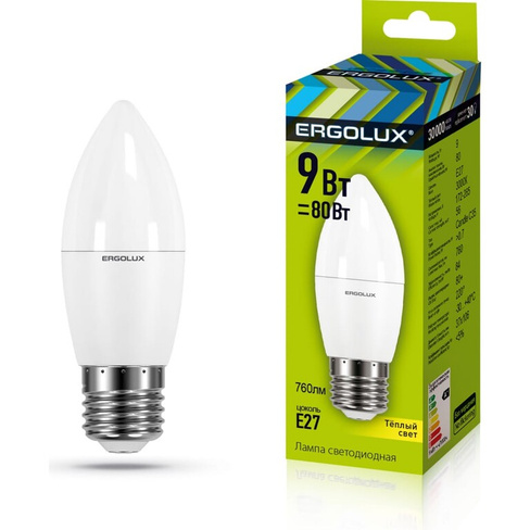 Электрическая светодиодная лампа Ergolux LED-C35-9W-E27-3K Свеча