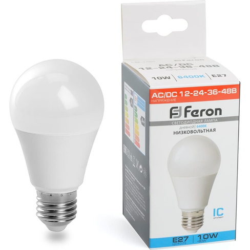 Светодиодная низковольтная лампа FERON (10W) 12-48V E27 6400K A60, LB-19