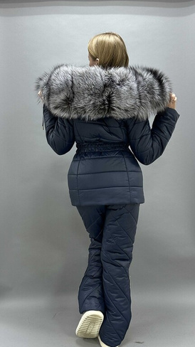 Темно-синий костюм зимний для прогулок до -35 градусов с шикарной большой меховой отделкой из чернобурки - Брендированны